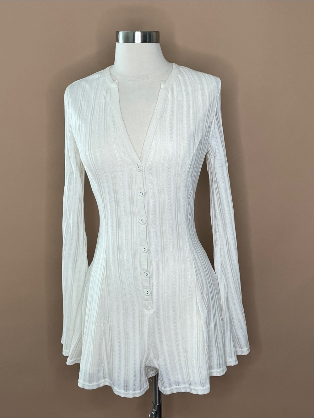 Fashion Nova White Ribbed Knit Romper Medium Bell Sleeve Lounge Romper